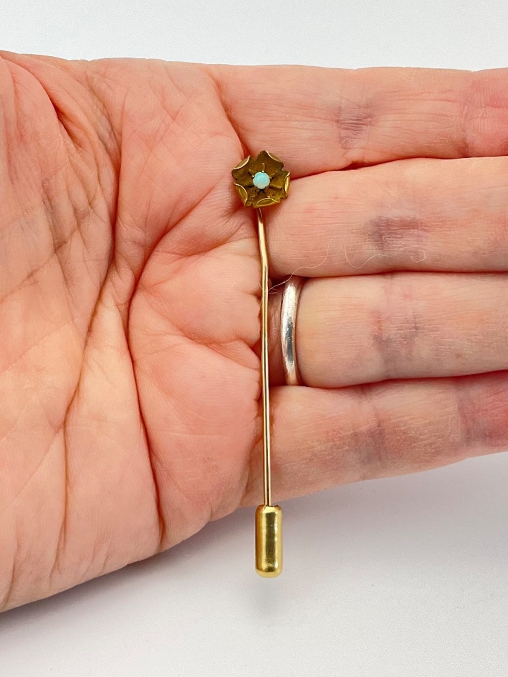 Opal Flower Stick Pin, Vintage to Antique, Art Nouveau, Gold Vermeil - Picture 3 of 11